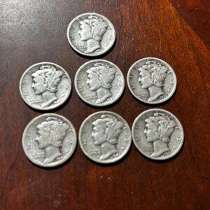 Lot of 7 Mercury Silver Dimes 1942(2), 1936(2), 1927, 1945, 1937 | 90% Silver